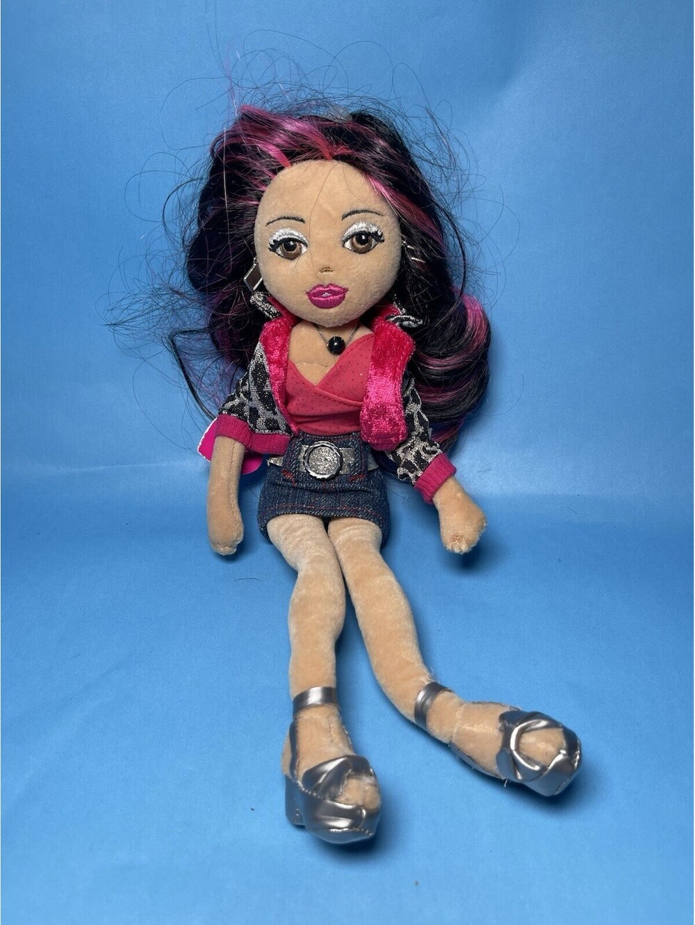 Ty Girlz Supercool Serena Plush Fashion Doll Black Pink Hair Denim Skirt Heels